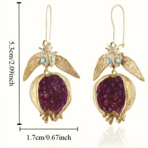 Vintage Drop Earrings, Retro Fly & Pomegranate Design, Inlaid Natural stone